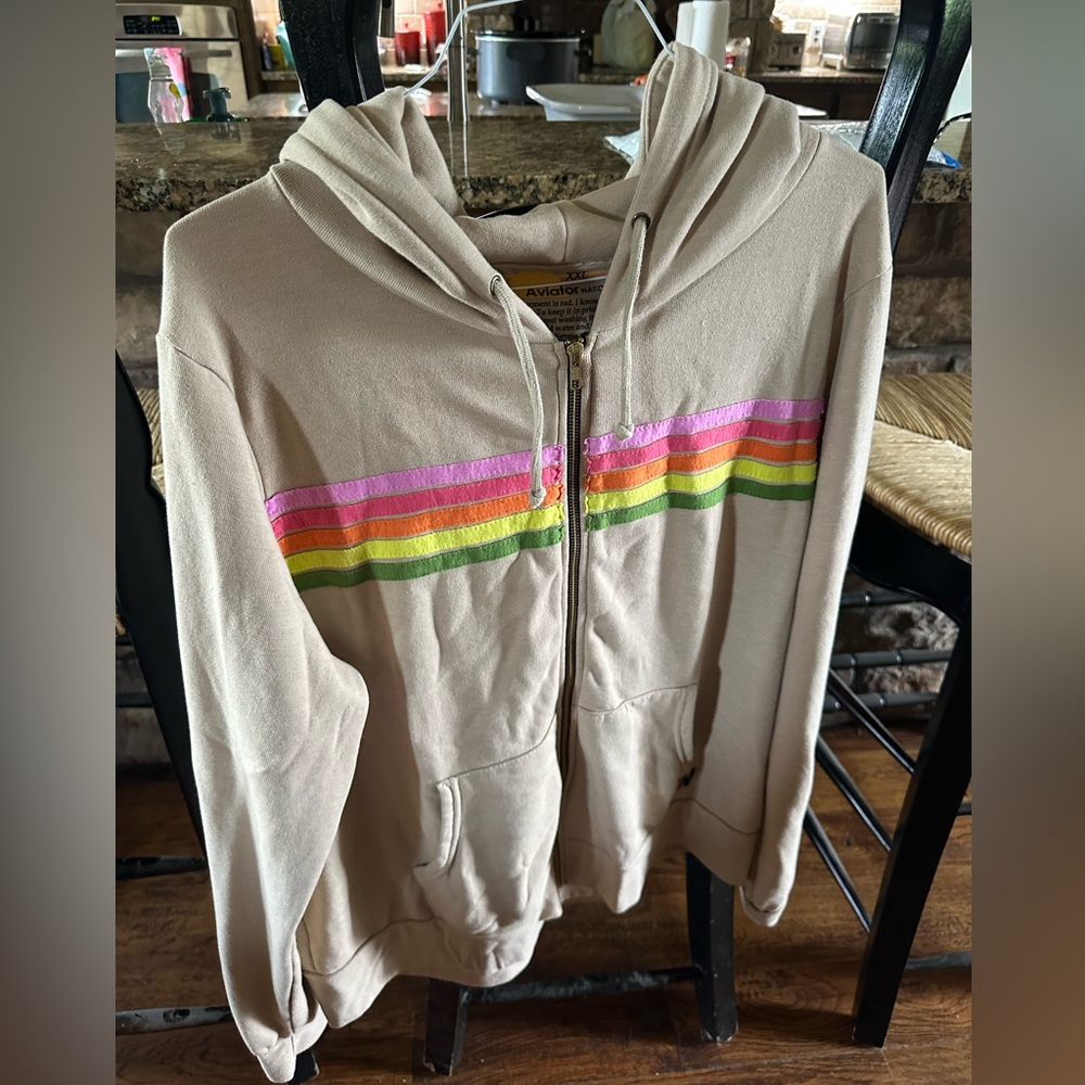 Aviator Nation Beige Hoodie with Rainbow Stripes